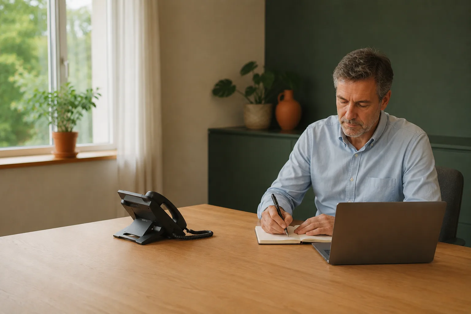 Inhaber am Schreibtisch, in Ruhe arbeitend — das Telefon ist abgesichert