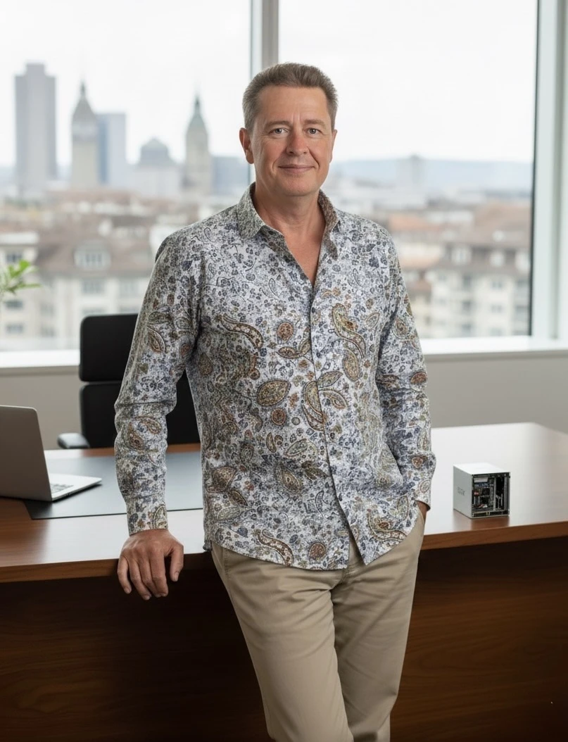 Stephan Stoeber, Gründer von CleverAI, im Büro mit Blick über Zürich, neben einem LexCube KI-Gerät für private KI-Lösungen.