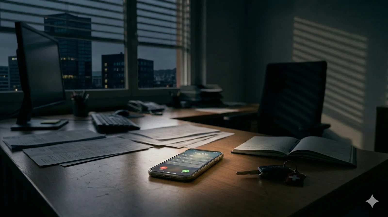Büro nach Feierabend — Smartphone zeigt verpasste Anrufe