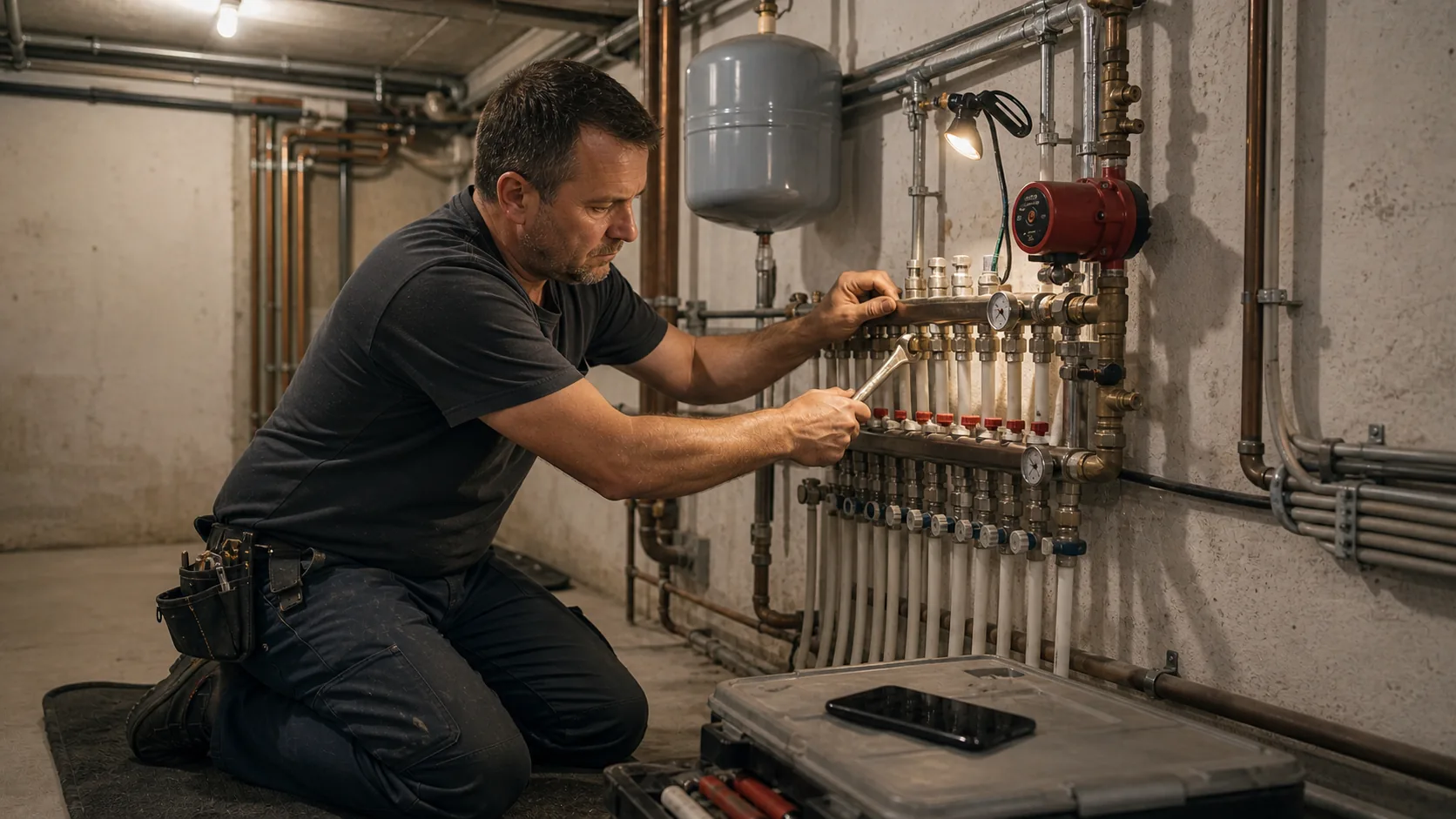 Sanitärinstallateur im Kundeneinsatz — keine Hand frei für das Telefon